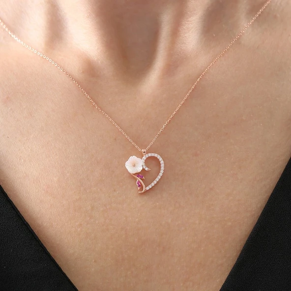 Kalp Demeti Manolya Çiçeği Flowers Gümüş Kolye - Gümüş - Resim 3