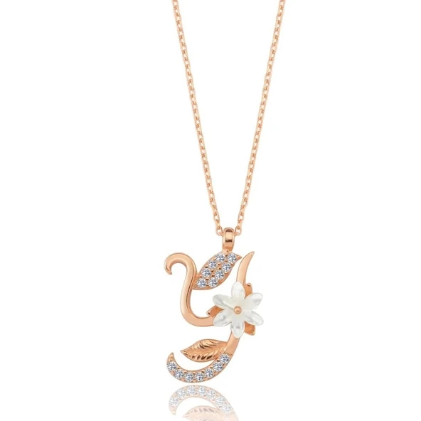 Işıltılı Manolya Çiçeği Y Harfi Gümüş Harfli Kolye - Rose ürün görseli 1