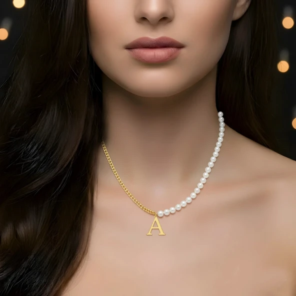 İnci Harf Gümüş Kolye - Rose - Resim 2