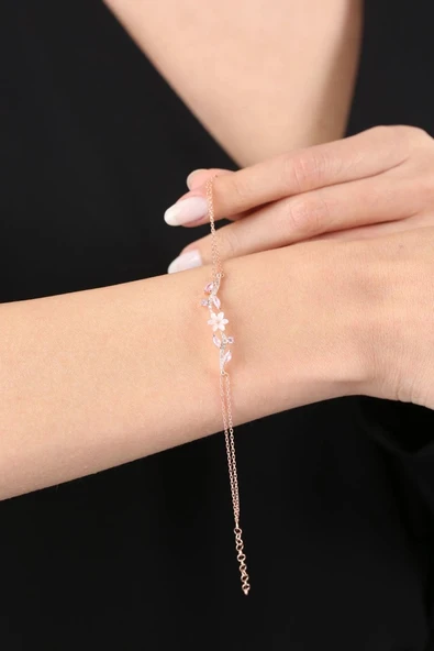 Pink Taşlı Manolya Çiçeği Zarafet Bağı Renk Flowers Gümüş Bileklik - Gümüş - Resim 3
