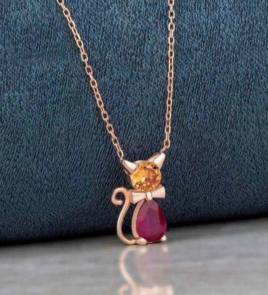 Kırmızı Damla Taşlı Trend Gümüş Kedi Kolye - Rose ürün görseli 1