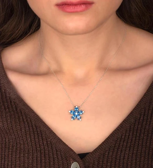 Damla Mavi Taşlı Gümüş Çiçek Kolye - Altın - Resim 2