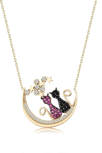 925 Ayar Gümüş Taşlı Kedi Kolye - Altın ürün görseli 1