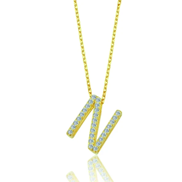 Işıltılı Prizma N Harfi Gümüş Kolye - Altın ürün görseli 1