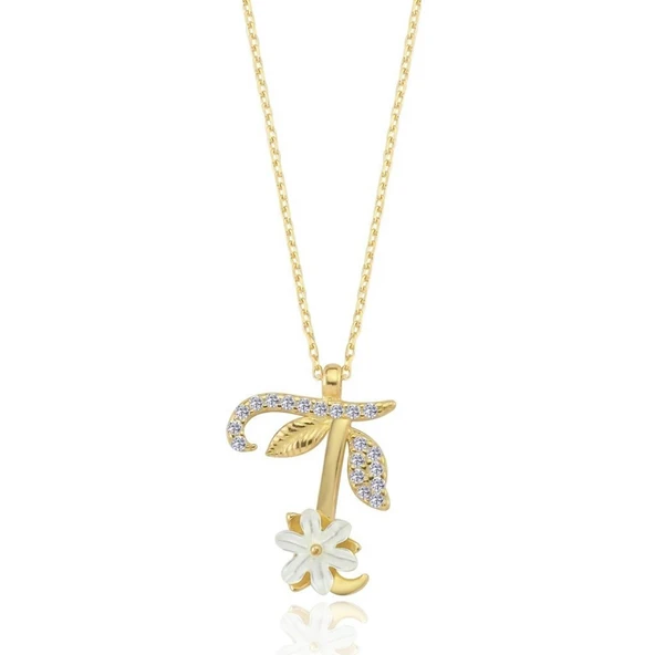 Işıltılı Manolya Çiçeği T Harfi Gümüş Harfli Kolye - Altın ürün görseli 1