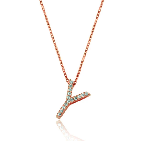 Işıltılı Prizma Y Harfi Gümüş Kolye - Rose ürün görseli 1