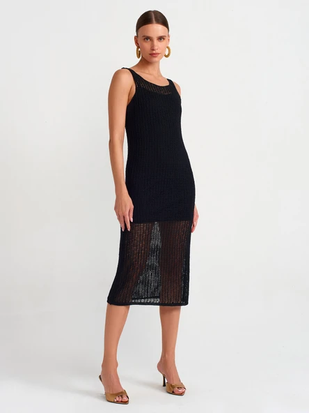 90206 DİLVİN ASKILI AJURLU ASTARLI TRİKO ELBİSE - Resim 5