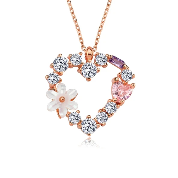 Işıltılı Kalp Tutkusu Manolya Çiçeği Flowers Gümüş Kolye - Rose ürün görseli 1