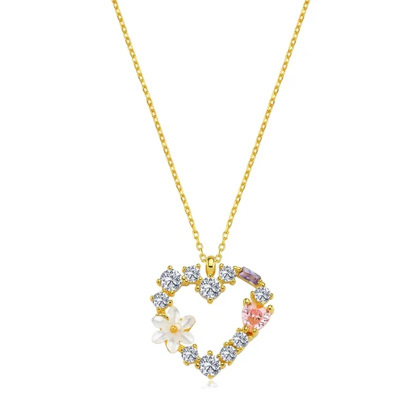 Işıltılı Kalp Tutkusu Manolya Çiçeği Flowers Gümüş Kolye - Altın - Resim 4