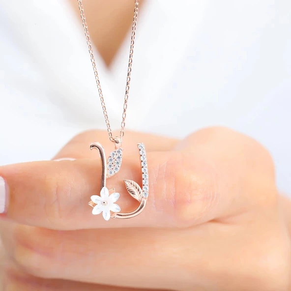 Işıltılı Manolya Çiçeği U Harfi Gümüş Harfli Kolye - Rose - Resim 2