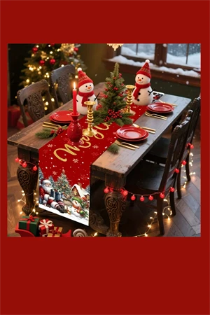 Ekstra Uzun Noel Masa Örtüsü | Bordo / Altın / Yeşil / Gri / Kahverengi Seçenekli Polyester Yılbaşı Sofra Dekoru (1 Adet) - Resim 4