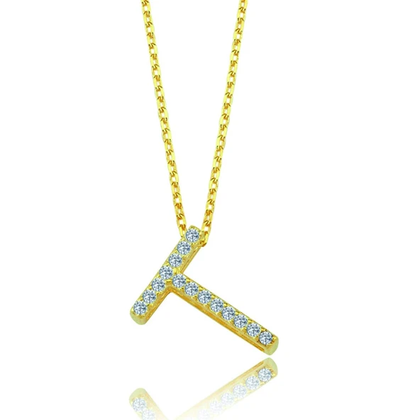 Işıltılı Prizma T Harfi Gümüş Kolye - Altın ürün görseli 1