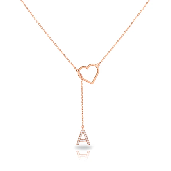 Taşlı Harf Kalp Gümüş Kolye - Rose ürün görseli 1