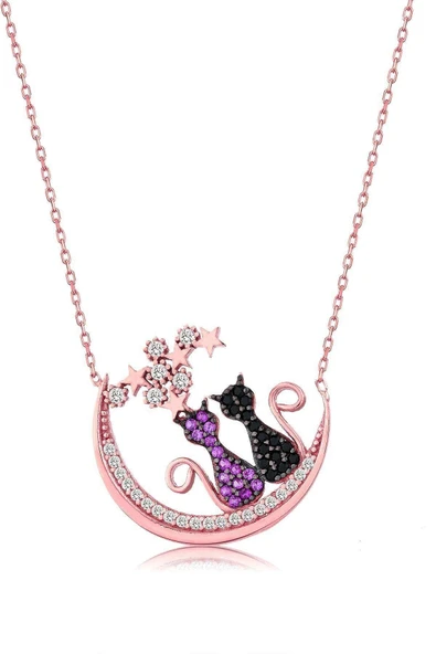 925 Ayar Gümüş Taşlı Kedi Kolye - Rose ürün görseli 1