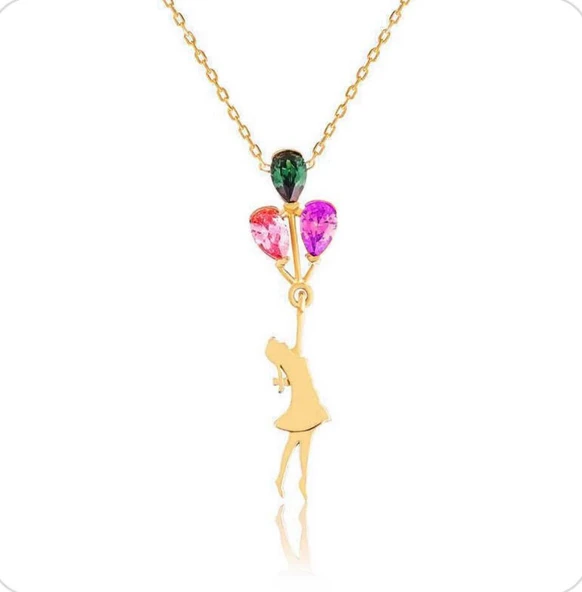 Taşlı Balonlu Kız Ay Kolye - Resim 2