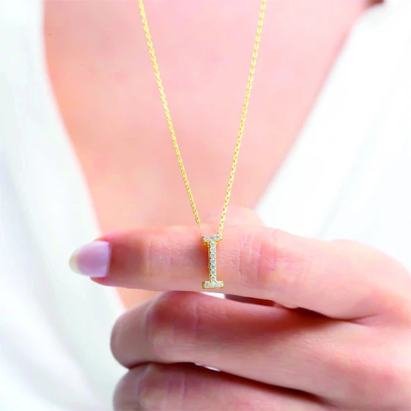 Işıltılı Prizma I Harfi Gümüş Kolye - Altın - Resim 3