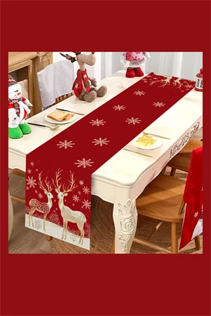 Bordo Altın Noel Masa Örtüsü | Geyik ve Kar Tanesi Desenli Dikdörtgen Yılbaşı Sofra Dekoru (1 Adet) ürün görseli 1