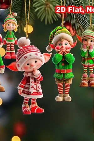 12'li Ahşap Elf Noel Ağacı Süs Seti | 2D Düz Baskı Renkli Asma Dekorları / Ev & Parti Dekoru - Resim 6
