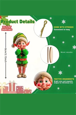 12'li Ahşap Elf Noel Ağacı Süs Seti | 2D Düz Baskı Renkli Asma Dekorları / Ev & Parti Dekoru - Resim 8