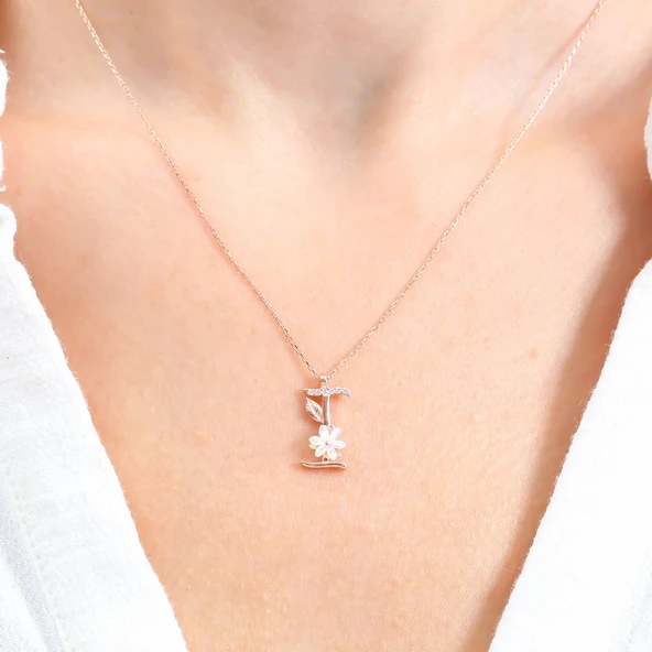 Işıltılı Manolya Çiçeği I Harfi Gümüş Harfli Kolye - Altın - Resim 3