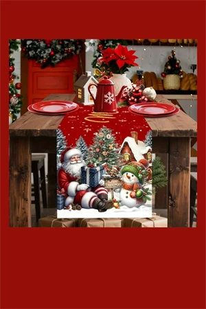 Ekstra Uzun Noel Masa Örtüsü | Bordo / Altın / Yeşil / Gri / Kahverengi Seçenekli Polyester Yılbaşı Sofra Dekoru (1 Adet) - Resim 7