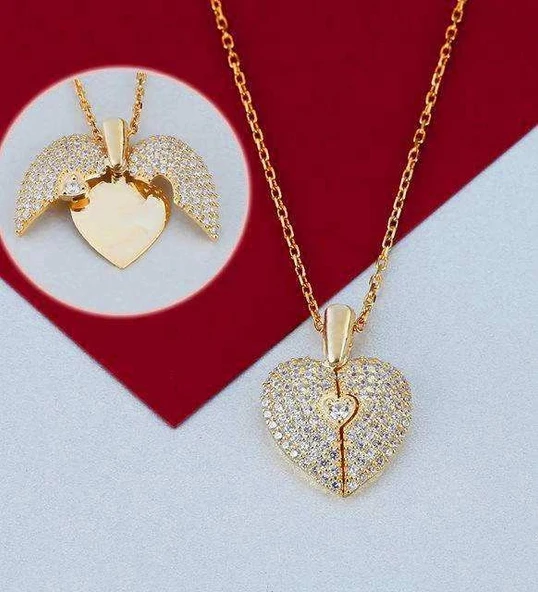 Açılan Kalp Taşlı Gümüş  Kolye - Altın ürün görseli 1