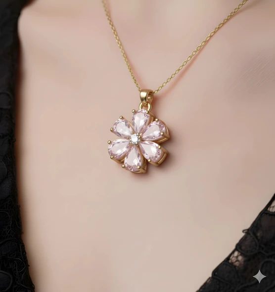 Pembe Taşlı Sevgi Çiçeği Gümüş Kolye - Gümüş - Resim 4