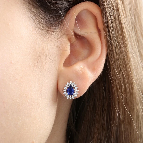 Pırlanta Montür Yağmur Tanesi Sentetik Safir Gümüş Küpe - Rose ürün görseli 1