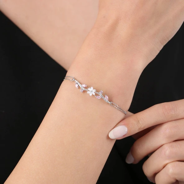 Pink Taşlı Manolya Çiçeği Zarafet Bağı Renk Flowers Gümüş Bileklik - Gümüş - Resim 2
