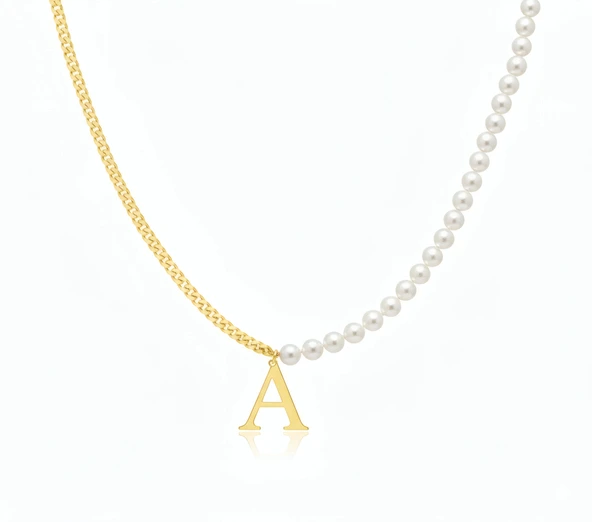 İnci Harf Gümüş Kolye - Altın ürün görseli 1