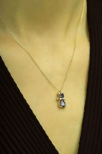 Mistik Topazlı Trend Gümüş Kedi Kolye - Rose - Resim 2