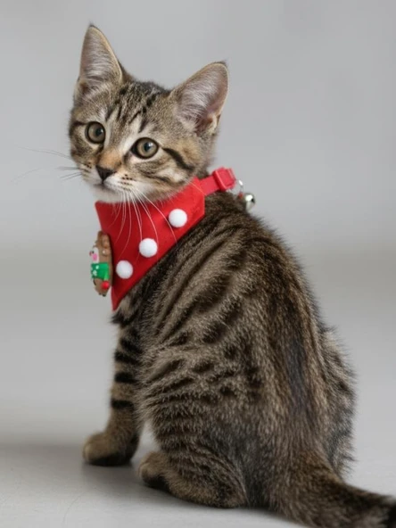 Christmas Squirrel Yılbaşı Kedi Bandanası | Ponponlu Kırmızı Noel Boyun Aksesuarı | Sevimli Sincap Figürlü Kedi Süsü - Resim 5