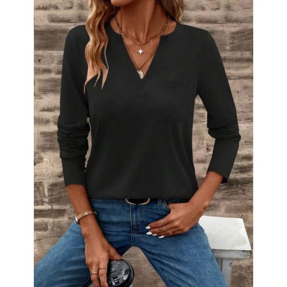 Lucky Life Kadın  Uzun Kollu Cepli V Yakalı Viskon Iki Iplik Bluz - Resim 2