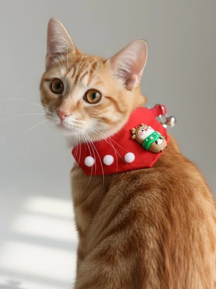 Christmas Squirrel Yılbaşı Kedi Bandanası | Ponponlu Kırmızı Noel Boyun Aksesuarı | Sevimli Sincap Figürlü Kedi Süsü - Resim 6