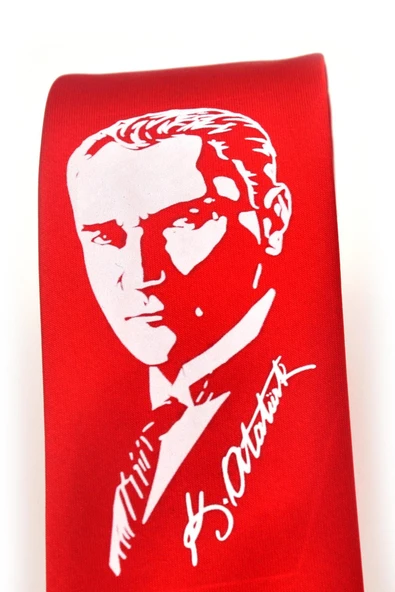 Atatürk Portre ve İmza Baskılı Slim Fit Saten Kırmızı Kravat - AK-08 - Resim 3