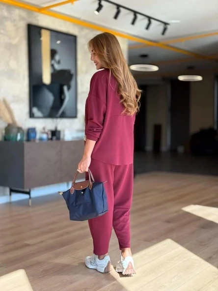 MDB Kadın Uzun Kollu Bisiklet Yaka Viskon Iki Iplik Bluz Ve Pantolon Ikili Takım - Resim 4