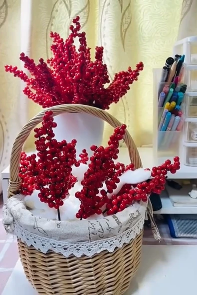 2 Adet Şık Kırmızı Yapay Meyve Dalları – 22 cm (8.66”) | Noel Ağacı Süsü, DIY El Sanatları, Düğün & Ev Dekorasyonu, Tatil Parti Malzemeleri - Resim 6