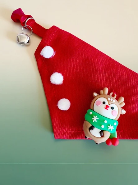 Christmas Squirrel Yılbaşı Kedi Bandanası | Ponponlu Kırmızı Noel Boyun Aksesuarı | Sevimli Sincap Figürlü Kedi Süsü - Resim 3