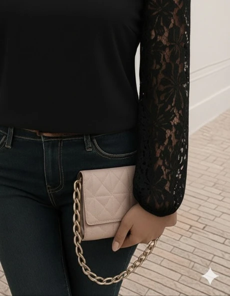 Lucky Life Kadın Uzun Kollu Asimetrik Yakalı Dantelli Ithal Krep Bluz - Resim 3