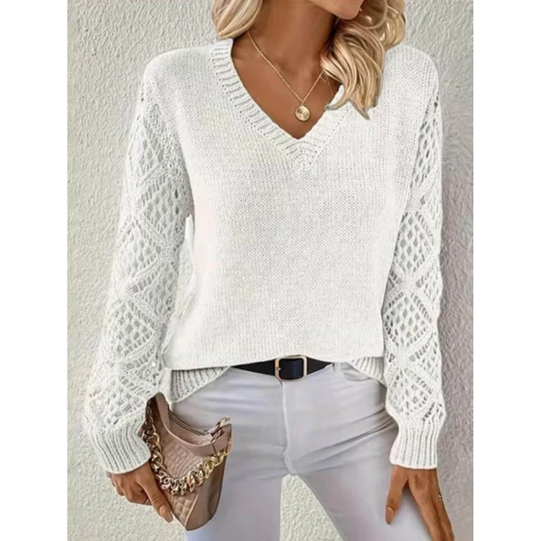 Lucky Life Kadın  Uzun Kollu V Yaka Kol Delikli Baklava Desen Detaylı Triko Kazak - Resim 2