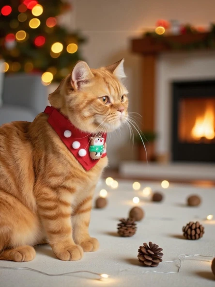 Christmas Squirrel Yılbaşı Kedi Bandanası | Ponponlu Kırmızı Noel Boyun Aksesuarı | Sevimli Sincap Figürlü Kedi Süsü ürün görseli