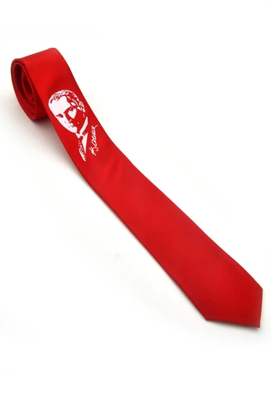 Atatürk Portre ve İmza Baskılı Slim Fit Saten Kırmızı Kravat - AK-08 ürün görseli