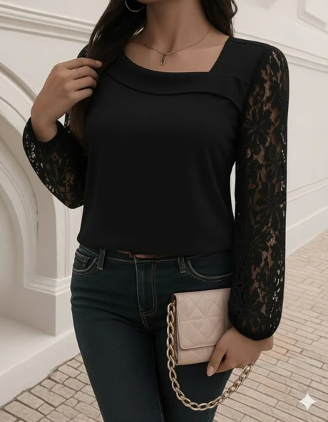 Lucky Life Kadın Uzun Kollu Asimetrik Yakalı Dantelli Ithal Krep Bluz - Resim 2