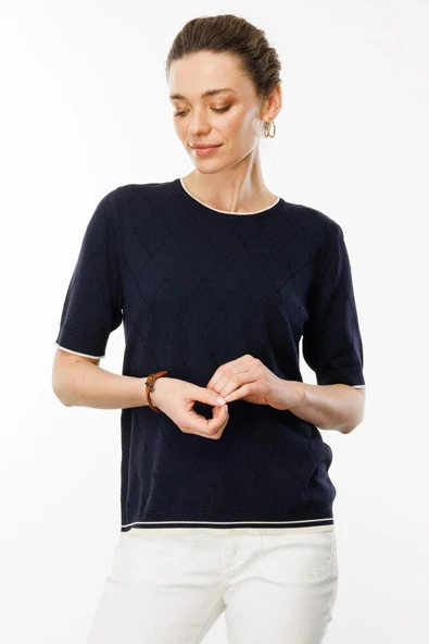 25356 DESEN TLL SY BAKLAVA DESENLİ K.KOL YAKASI, KOL UCU VE ETEĞİ ÇİZGİLİ RAYON BLUZ - Resim 6