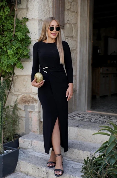 Lucky Life Kadın Uzun Kollu önden çapraz Detaylı Yandan Toka Detaylı Uzun Sandy Elbise - Resim 2