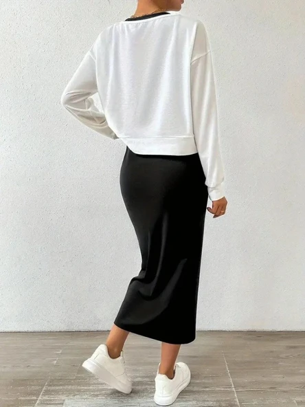 MDB Kadın Askılı Yuvarlak Yaka Viskon Iki Iplik Elbise Ve V Yakalı Bluz Ikili Takım - Resim 4