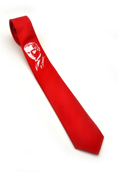 Atatürk Portre ve İmza Baskılı Slim Fit Saten Kırmızı Kravat - AK-08 - Resim 2