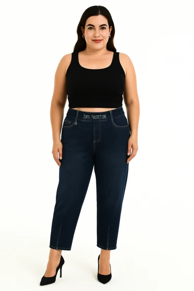 Büyük Beden Lastikli Yüksek Belli Likralı Geniş Kalıp Mom Kadın Taşlı Kot Pantolon - Resim 7