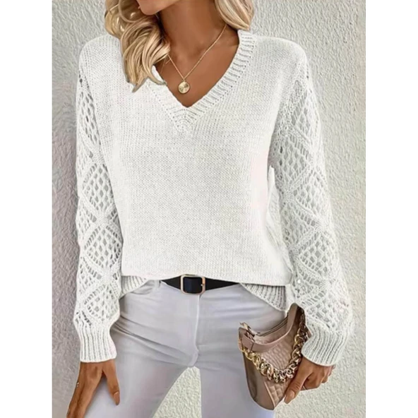 Lucky Life Kadın  Uzun Kollu V Yaka Kol Delikli Baklava Desen Detaylı Triko Kazak - Resim 3