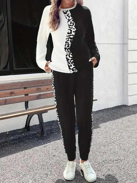 Lucky Life Kadın  Uzun Kollu Bisiklet Yaka çift Renkli Viskon Iki Iplik Bluz Ve Pantolon Ikili Takım - Resim 2